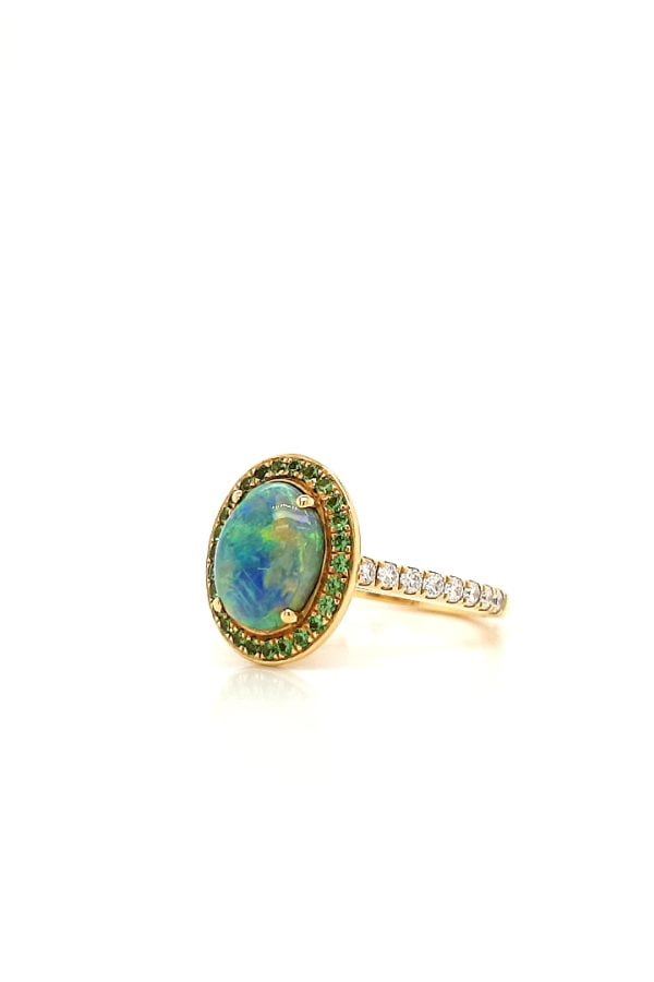Black Opal, Tsavorite and Diamond Ring