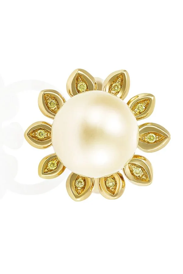 Gold South Sea Pearl and Yellow Diamond Ring