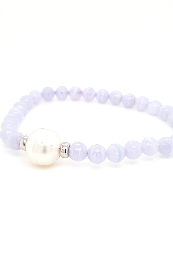 White Gold, Australian South Sea Pearl and Blue Lace Agate Bracelet