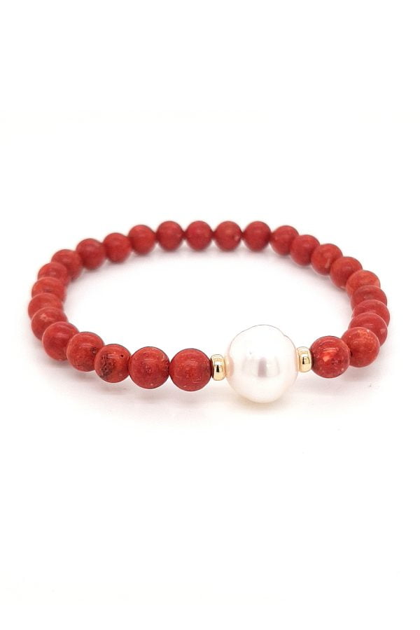 Yellow Gold, Australian South Sea Pearl and Red Coral Bracelet