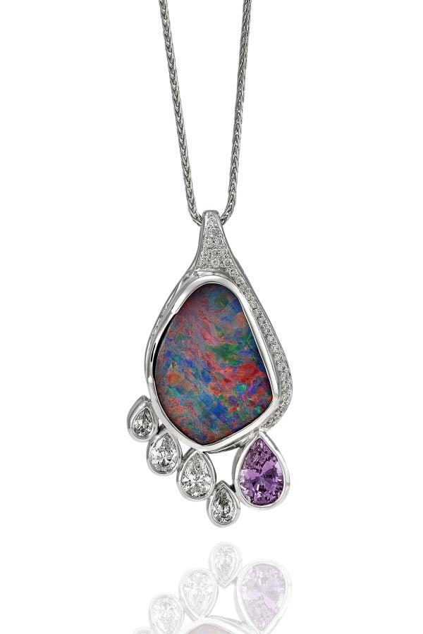 Boulder Opal, Sapphire and Diamond Pendant