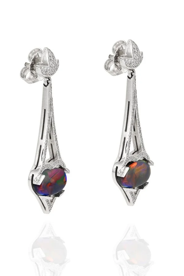 Black Opal and Diamond Drop Stud Earrings