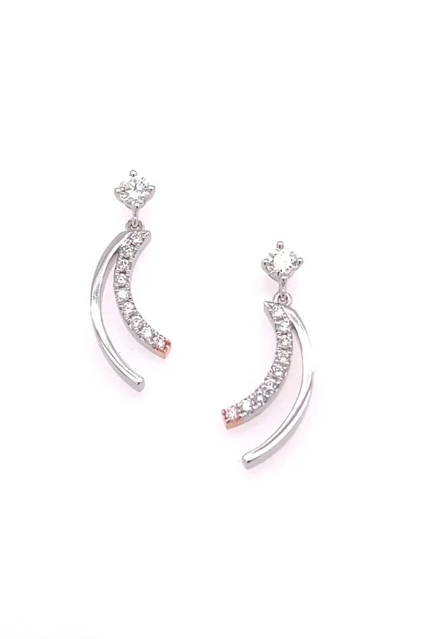 Desert Rose White and Pink Diamond Curved Drop Earrings