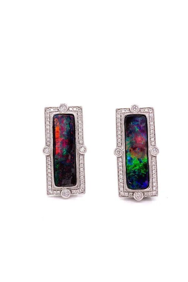 Art Deco inspired Boulder Opal and Diamond Earrings