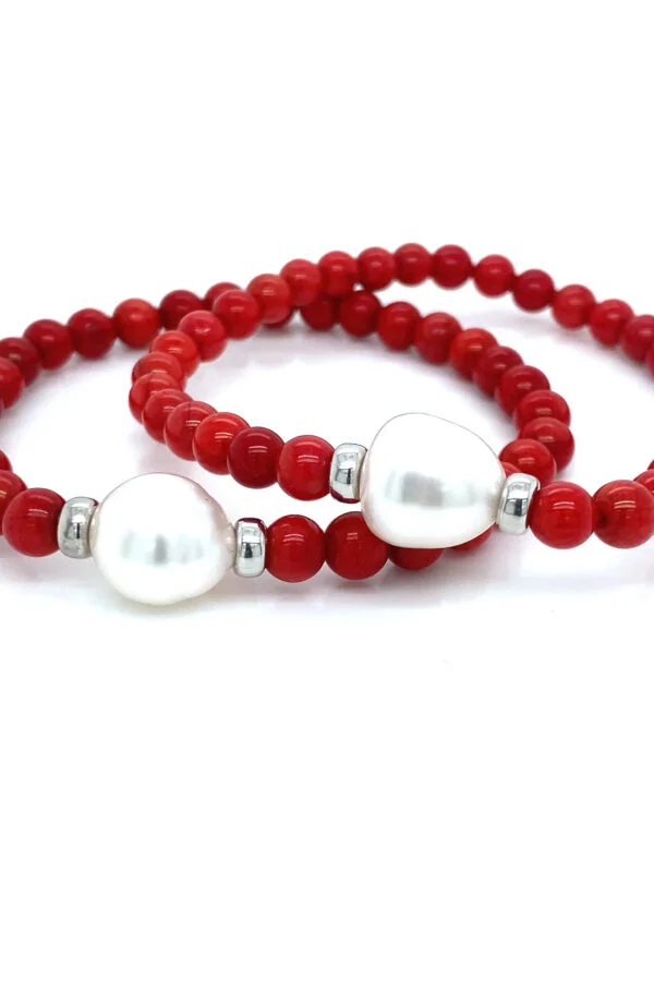White Gold, Australian South Sea Pearl and Red Coral Bracelet