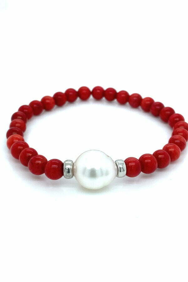White Gold, Australian South Sea Pearl and Red Coral Bracelet